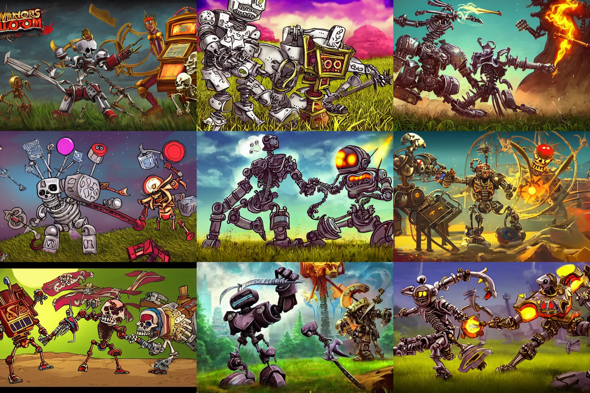 Prompt: a warrior robot with a slot machine reel chest, battling a skeleton with a sword. fantasy. promotional art for a video game on steam. casino. comic cartoon. battling in a grassy field. beautiful and simple.