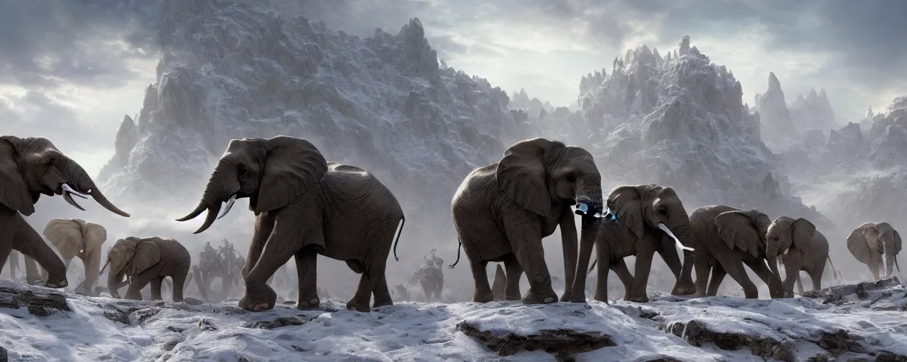 Prompt: elaborate elephant war armor fighting in snow mountain landscape, beautiful dynamic lighting, cinematic, wide angle establishing shot, extremely high detail, photo realistic, cinematic lighting, post processed, concept art, artstation, matte painting, style by frederic church, raphael lacoste, unreal engine 8k