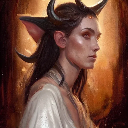 Image similar to A detailed oil portrait of an elf woman with small horns of copper and copper scales covering her arm and neck wearing a simple white robe, by greg rutkowski, trending on artstation, dungeon and dragons art
