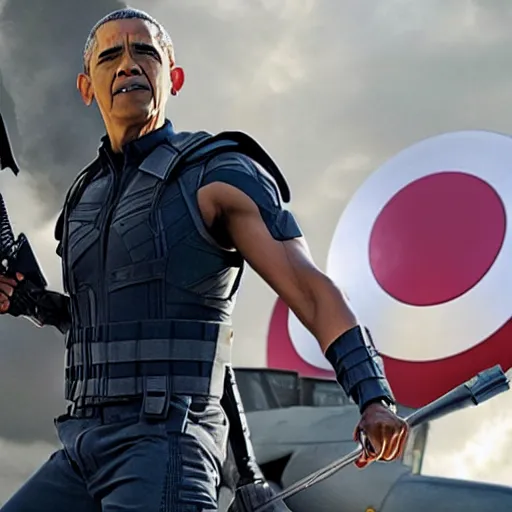 Prompt: film still of Obama as Hawkeye in Marvel’s Avengers