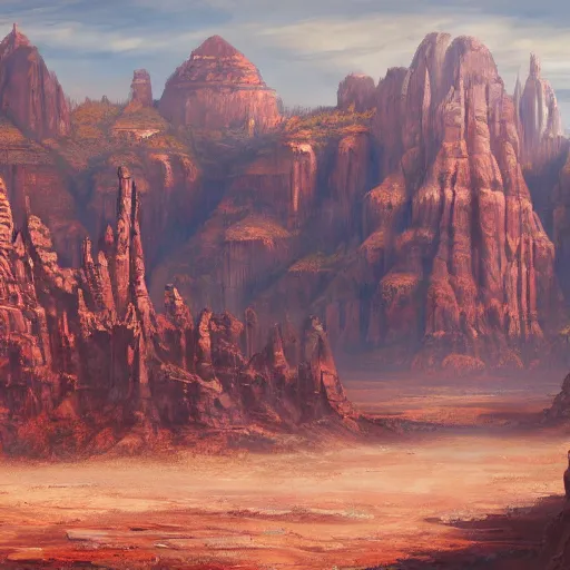 Prompt: a matte painting of the sci - fi wild west sedona, oil painting, pale colors, high detail, 8 k, wide angle, trending on artstation,