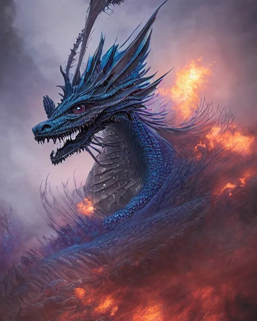 Image similar to a beautiful detailed 3d matte painting of female blue dragon of the dead, by ellen jewett, by tomasz alen kopera, Frank Frizzera, ominous, magical realism, Magic the gathering playing card, texture, intricate, ornate, royally decorated, whirling smoke, embers, radiant colors, fantasy, trending on artstation, volumetric lighting, micro details, 3d model , ray tracing, 8k