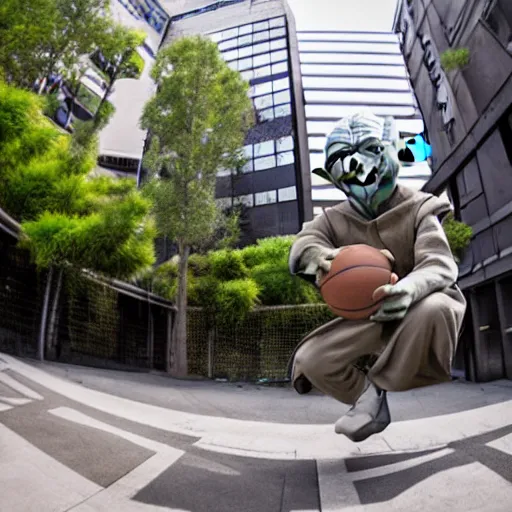 Prompt: Yoda playing basketball in an urban courtyard, photograph, fisheye lens