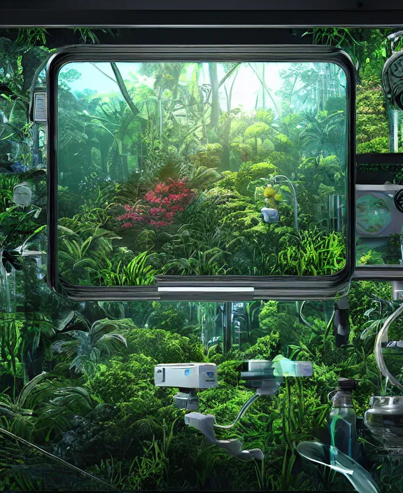 Image similar to intricate transparent clear see - through image of medical equipment, lush botany, overgrown jungle environment, flowers, ultra realistic, concept art, pop art, photorealistic, octane render, 8 k, unreal engine. art by nori inoguchi and sam kaplan and zachary goulko and christopher marley