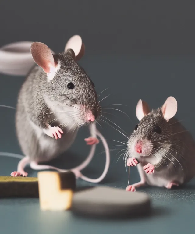 Image similar to high quality presentation photo of cute anthropomorphic grey mice eating cheese, photography 4k f1.8 anamorphic bokeh 4k Canon Nikon