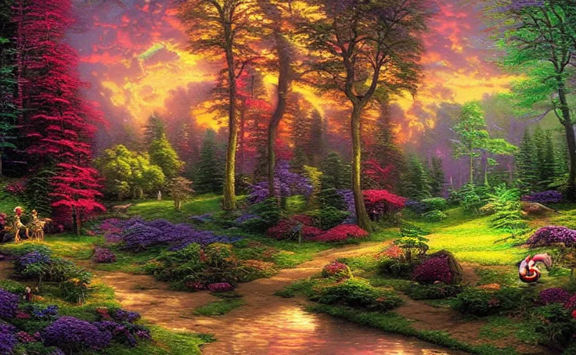 Prompt: psychedelic candy!!!!!!! forest by thomas kinkade, matte painting!!!, intricate details!!!!, fine brush!!!!!!