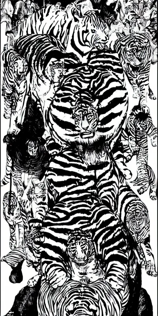 Image similar to man riding a chariot car being pulled by tigers colored and drawn by Junji Ito.