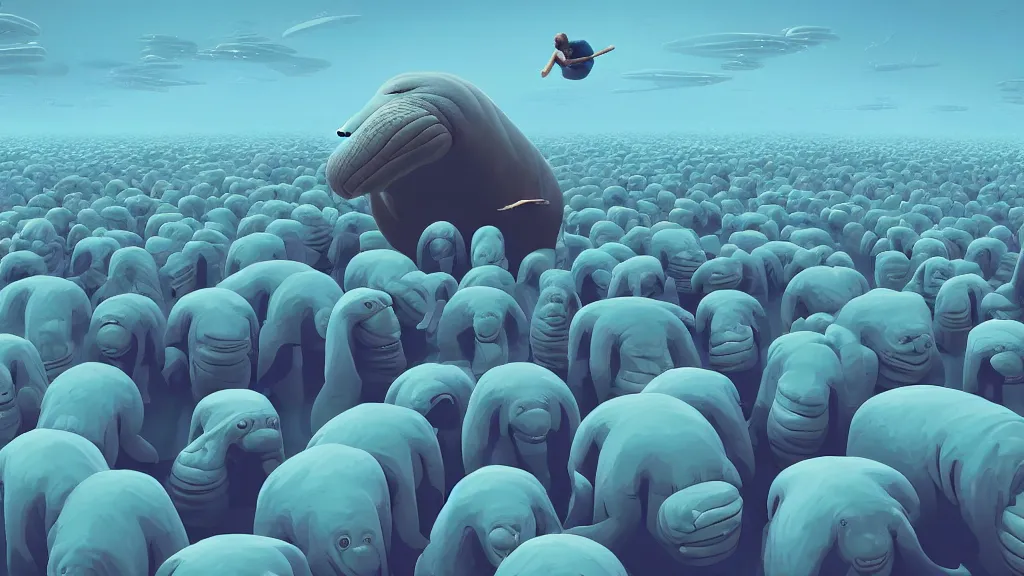 Image similar to an Epic Giant Walrus Battling an army of 1000s of Obama Clones by Beeple, 4K