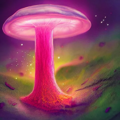 Prompt: luminescent pink and orange mycena fungi, emitting spores, midnight, fantasy art, mysterious, magical, hyperrealistic, detailed, soft lighting, fireflies