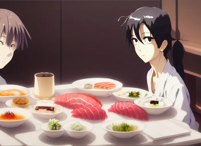 Image similar to a film still portrait of a plate with different kinds of sushi, finely detailed features, closeup at the food, perfect art, at a dinner table, gapmoe yandere grimdark, trending on pixiv fanbox, painted by greg rutkowski makoto shinkai takashi takeuchi studio ghibli, akihiko yoshida