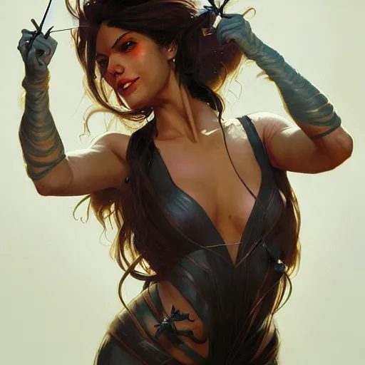 Prompt: A portrait painting of a spider woman with giant spider legs and hair needles crawling out of a volcano, illustration, detailed, award-winning, trending on artstation, by artgerm and Greg Rutkowski and Alphonse Mucha H-768