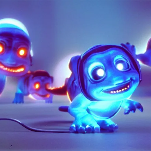 Image similar to cute smiling pixar and chibi style electric blue scaled glowing baby dinosaurs in tron movie, cinestill