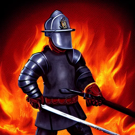 Prompt: A knight wearing a firefighter helmet and wielding a fire axe, highly detailed, digital art, sharp focus, trending on art station, flames, anime art style