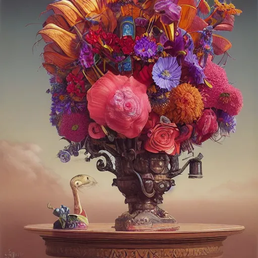 Prompt: hyper detailed illustration like a Oil painting - a vivid exotic flower bouquet, long petals, huge blossoms, by Jacek Yerka, Mariusz Lewandowski, Masterpiece, Edward Hopper and James Gilleard, Zdzislaw Beksinski, Mark Ryden, Wolfgang Lettl, hints of Yayoi Kasuma, octane render, 8k