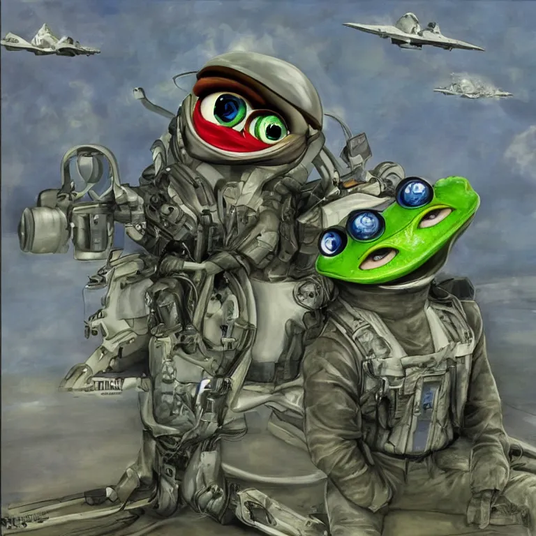 Image similar to award winning portrait of the crazy frog listening to axel f while piloting an F18 air superiority fighter