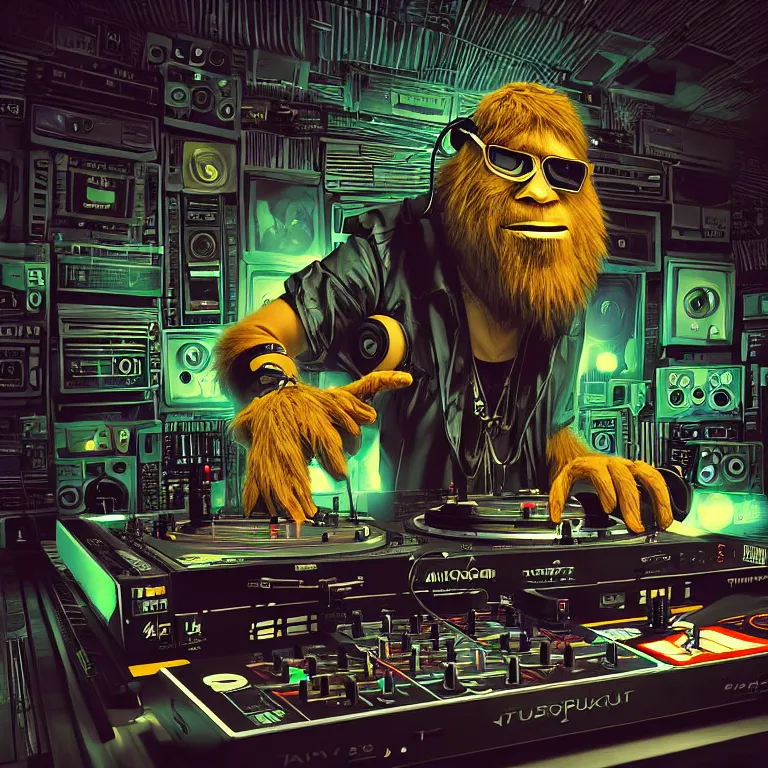 Image similar to a photograph portrait of an anthropomorphic cyberpunk bigfoot dj at the turntables spinning records, detailed render, tape deck, boombox, headphones, epic composition, cybernetics, 4 k realistic, cryengine, realistic shaded lighting, sharp focus, masterpiece, by matteo scalera, gary montalbano, peter elson in the style of the tokyo ghost comic