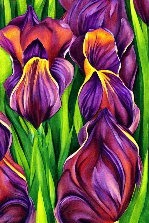 Prompt: beautiful large irises closeup by georgia o'keeffe vertical symmetry