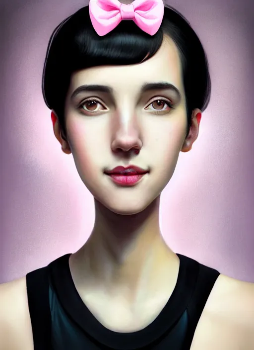 Image similar to portrait of high school girl, realistic, black hair, bangs, half updo hairstyle, pointy nose, skinny, smile, ugly, defined jawline, big chin, pink hair bow, earrings, intricate, elegant, glowing lights, highly detailed, digital painting, artstation, sharp focus, illustration, art by wlop, mars ravelo and greg rutkowski