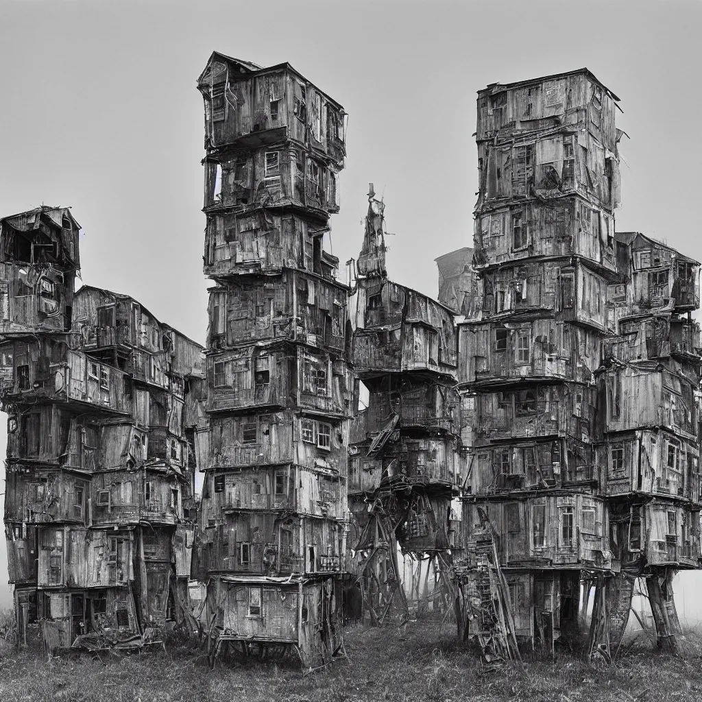 Image similar to two giant towers, made up of makeshift squatter shacks, misty, dystopia, mamiya rb 6 7, fully frontal view, very detailed, digital glitches, photographed by ansel adams