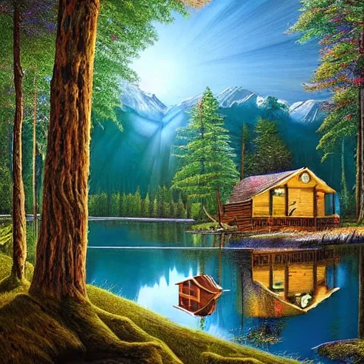 Image similar to A beautiful experimental art of a mountain lake scene with a cabin nestled in the woods. The light shining through the trees and reflecting off the water is stunning. Garfield by Jacek Yerka subtle