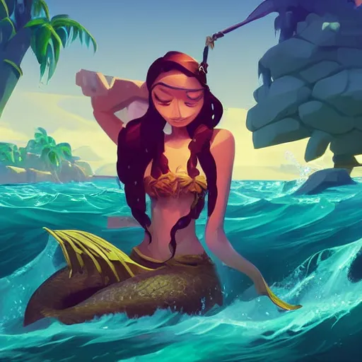 Image similar to painting mermaid treasure on sea of thieves game avatar hero smooth face median photoshop filter cutout vector, behance hd by jesper ejsing, by rhads, makoto shinkai and lois van baarle, ilya kuvshinov, rossdraws global illumination