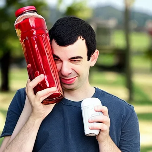 Prompt: “ nathan fielder drinking from a huge soda bottle ”