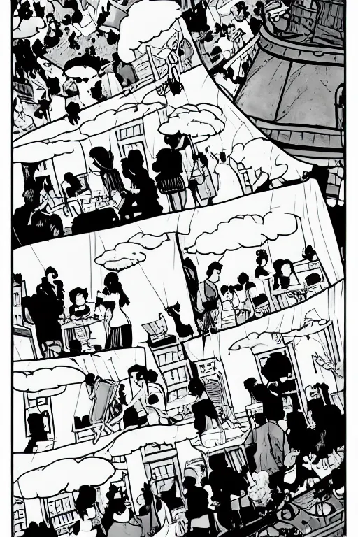 Image similar to a tea party in the clouds, graphic novel, high contrast