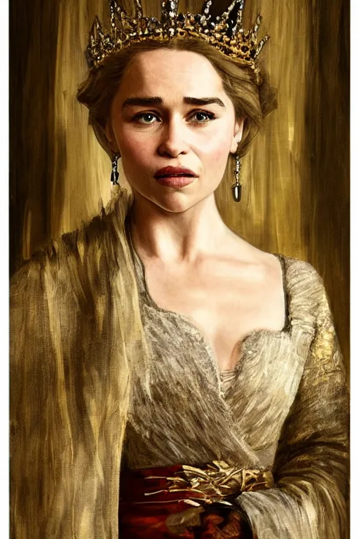 Image similar to Emilia Clarke as a queen in a painting hanging on the wall