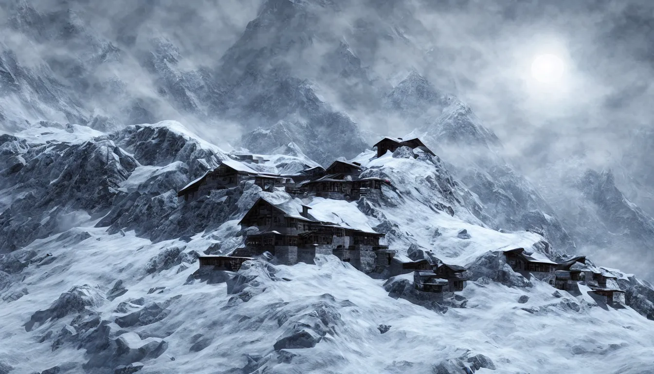 Prompt: a mountain hut on the peak of Mount Everest, covered in snow, raging blizzard, grey clouds, stunning photo, cinematic lighting, perfect, 8K, ultra-detailed , Trending on artstation, Octane render, Unreal Engine, highly detailed,