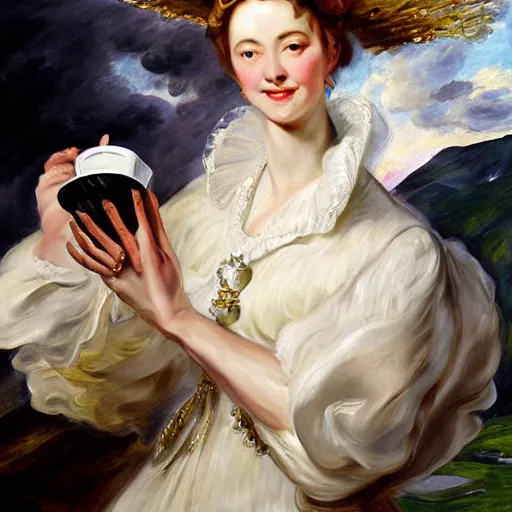 Image similar to heavenly summer sharp land sphere scallop well dressed lady holding a starbucks coffee cup, auslese, by peter paul rubens and eugene delacroix and karol bak, hyperrealism, digital illustration, fauvist, starbucks coffee cup