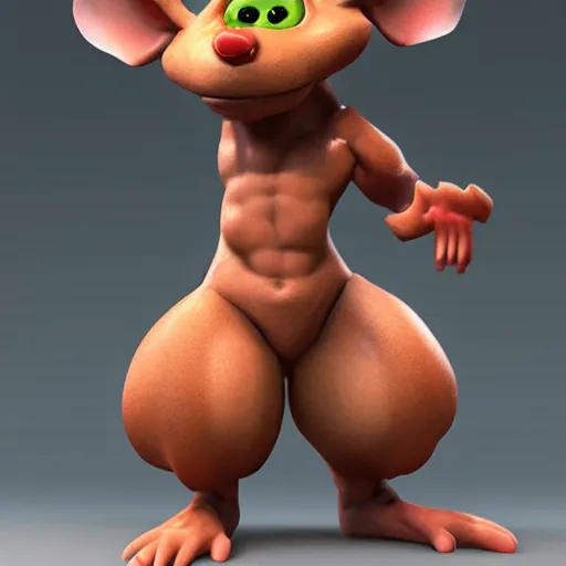 Prompt: a cute muscular rat wearing shorts, 3D render, Z-Brush sculpt, rayman style