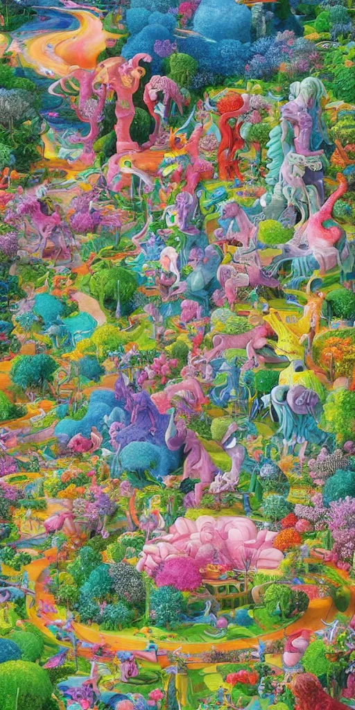 Prompt: bosch and beeple ( ( ( and lisa frank ) ) ) painting of a magnificent garden filled with remarkable sculptures, trees, and structures, incredible details