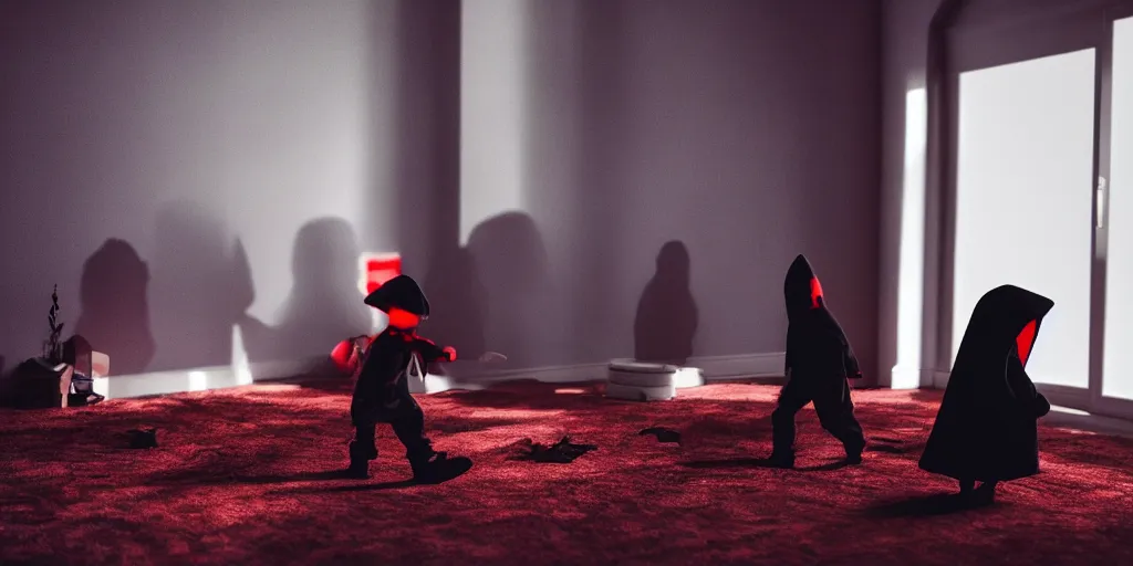 Image similar to child plays with toys in a room while a hooded ominous figure stands in the corner hidden in shadow with red glowing eyes, mysterious and horror atmosphere