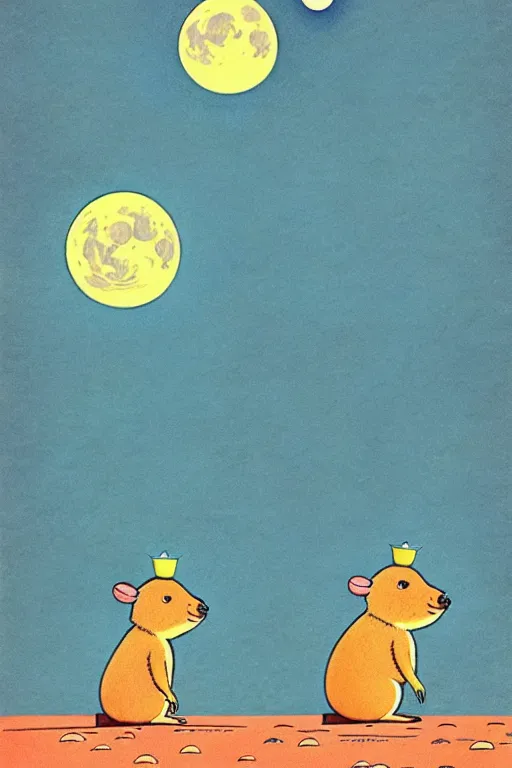 Prompt: by richard scarry. capybara on the moon. a 1 9 5 0 s retro illustration. studio ghibli. muted colors, detailed