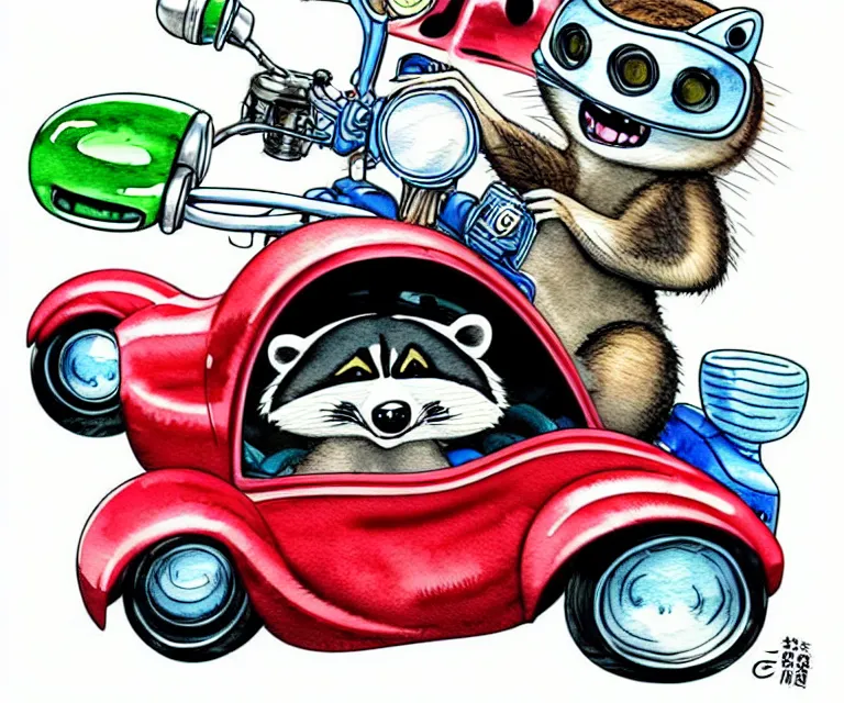 Image similar to cute and funny, racoon wearing a helmet riding in a tiny hot rod coupe with oversized engine, ratfink style by ed roth, centered award winning watercolor pen illustration, isometric illustration by chihiro iwasaki, edited by range murata