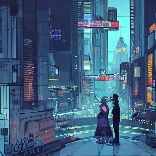 Image similar to realistic, symmetrical, cyberpunk city, man and women in love in a gunfight with robot police. @ philosorapper! dream realistic, symmetrical, cyberpunk city, man and women in love in a gunfight with robot police.