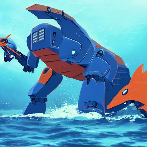 Image similar to a giant athletic sleek well - designed strong blue mecha robot fighting a giant orange monstrous hammerhead shark kaiju creature in waist deep water