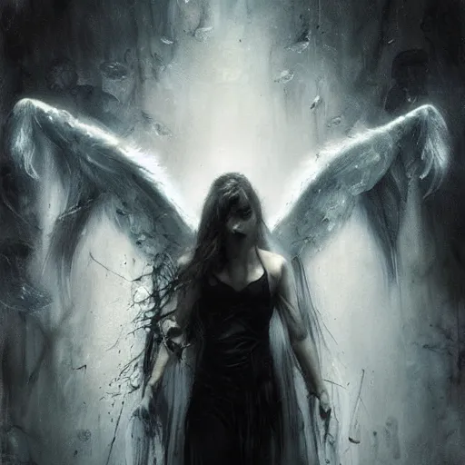 Prompt: every angel is terrifying by raymond swanland, highly detailed, dark tones