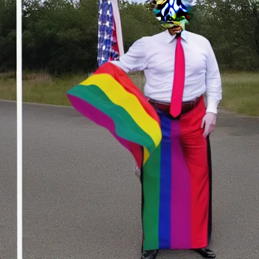 Prompt: Donald Trump wearing a dress and holding a pride flag