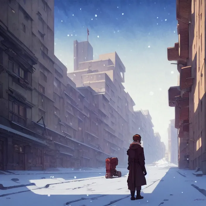 Image similar to empty huge city, winter, in the style of studio ghibli, j. c. leyendecker, greg rutkowski, artem