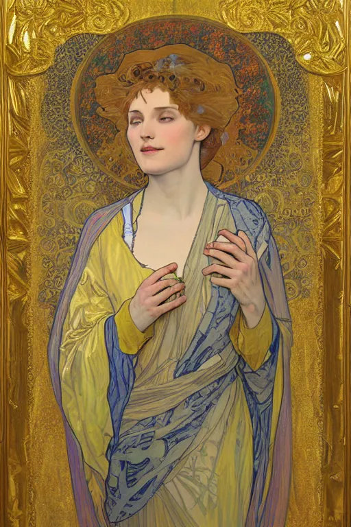 Image similar to a full body portrait of the annunciation oil painting cross between the styles of alphonse mucha and gustav klimt gold leaf, intricate detailed,