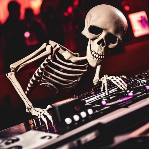 Prompt: a skeleton on the dj decks