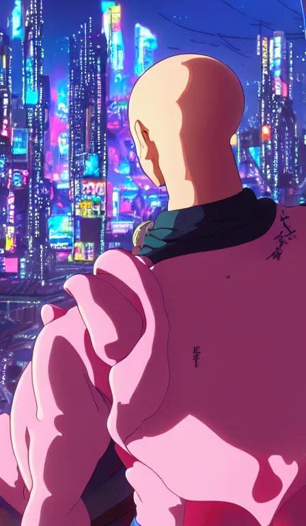 Prompt: anime fine details portrait of Buu in front of cyberpunk moder city landscape on the background deep bokeh, close-up view, anime masterpiece by Studio Ghibli. 8k, sharp high quality anime, artstation