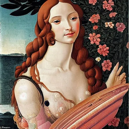 Image similar to an hyperrealistic mythological oil painting of venus with long brown hair, full body, wearing pink floral chiton, sleeping on a giant scallop shell, near the seashore, intricate lines, elegant, renaissance style, by sandro botticelli