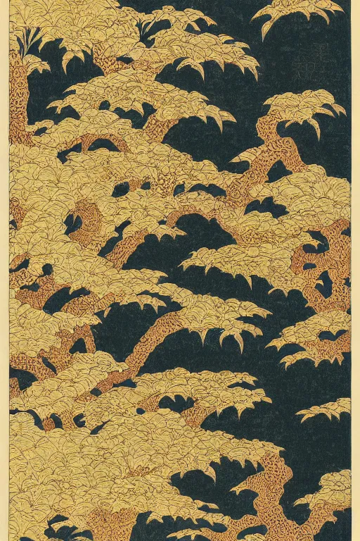 Prompt: japanese woodblock print of a landscape in the style of fantasy painted by kano sanraku, james jean, takato yamamoto, mc escher in the style of nihonga, gold leaf painting, fractal art, intricate detail