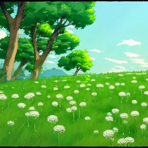 Image similar to A wide-up shot of a sea of withe dandelions with green wind blowing, anime style, Studio Ghibli style, cel shading,