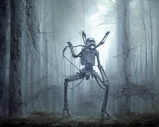 Image similar to photo of a giant huge white terminator spider with heavy duty biomechanical hydraulic cybernetic body in the forest fighting stormtroopers and a sith lord. cyberpunk horror style. highly detailed 8 k. intricate. nikon d 8 5 0 5 5 mm. award winning photography. art by hr giger and zdzislaw beksinski in the style of hzd