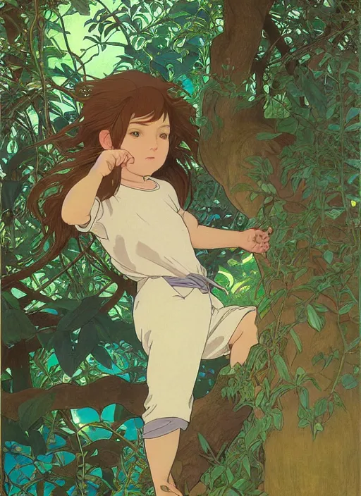 Prompt: young boy with long hair wearing shorts and a t - shirt, climbing a tree, path traced, highly detailed, high quality, digital painting, by studio ghibli and alphonse mucha, leesha hannigan, hidari, art nouveau, chiho aoshima, jules bastien - lepage