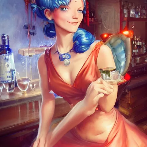 Image similar to a smiling happy beautiful barmaid with short blue hair wearing a satin red dress in a rustic saloon, beautiful blue eyes, fantasy, intricate and very beautiful and elegant, highly detailed, digital painting, artstation, concept art, smooth and sharp focus, illustration, art by peter mohrbacher and tan zi and artgerm