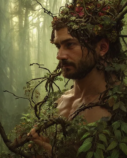 Prompt: god of the forest, 3 0 years old, rugged, male, gorgeous, detailed face, vines. forest, trees, flowers, amazing, muscular, intricate, highly detailed, digital painting, artstation, concept art, sharp focus, illustration, art by greg rutkowski and alphonse mucha